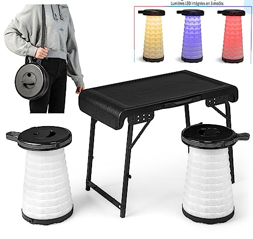 COSTWAY Conjunto Mesa Plegable Camping y Taburete Plegable Telescópico Portátil con LED, Taburate Altura Ajustable, Conjunto Portátil Silla y Mesa para Playa, Picnic, Barbacoa, Exterior Interior