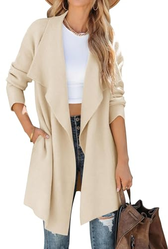 ZESICA Women's Casual Lapel Cardigan Long Sleeve Open Front Irregular Hem Soft Knitted Sweater Coat with Pockets,Beige,Large