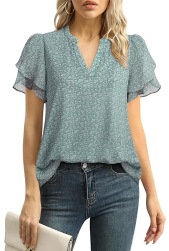 Lotusmile Women Blouses for Work, Chiffon Tops for Women Office Floral V Neck Work Shirts for Women Business Casual Ruffle Tops Short Sleeve Blouses Puff Sleeve Tops for Women, Medium