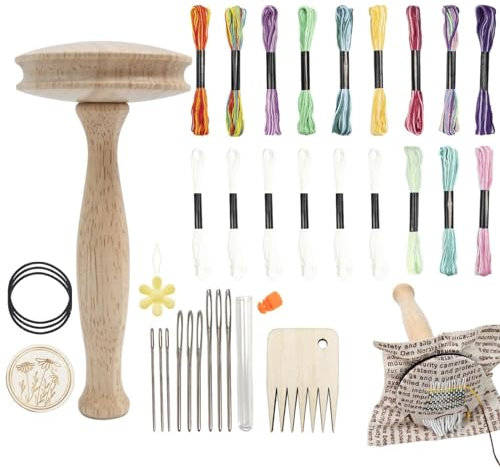 Stopfzubehör Kit Holz-Stopfpilz-Set Mit Nähnadeln Tragbares Nadelaufbewahrungs Pilz Nadelfaden Set DIY Stopfmaschine Weaving Mending Repair Tool Kunstvollen DIY-Mustern