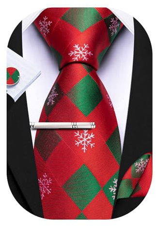 Barry.Wang – Ensemble de nœud papillon pour homme en soie de Noël avec cravate, pochette carrée et boutons de manchette avec clip 4PCS Festival Flocon de neige Noël, Rouge/vert, taille unique