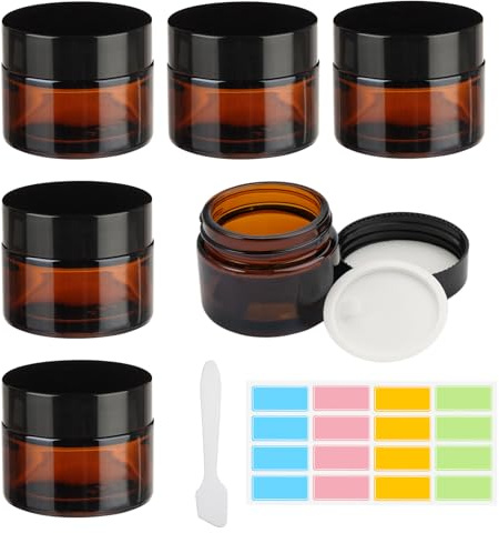 6 Pezzi Vasetto per Crema in Vetro 50 ml Barattoli di Vetro Ambrato Contenitore Crema Contenitori Cosmetici Contenitori Creme da Viaggio Barattoli per Crema per Cosmetici, Lozioni, Oli Essenziali
