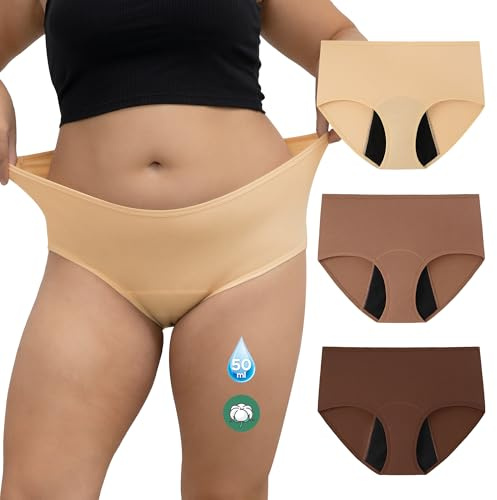 INNERSY Period Underwear Plus Size Menstrual Briefs,30-32,Beige/Khaki/Brown