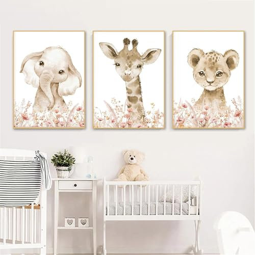 3er Poster Set Kinderzimmer, Waldtiere Bilder Babyzimmer Deko, Löwe Giraffe Elefant Wandbilder, Premium Leinwandbilder Kunstdruck Wandposter für Kinder Junge Mädchen, Ohne Rahmen (30*40 cm)