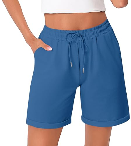 Litherday Pantaloncini Donna Estivi Cotone Elasticizzato Shorts Casual Vita Alta con Tasche Orlo Risvoltato per Jogging Yoga Fitness Blu Reale XXL