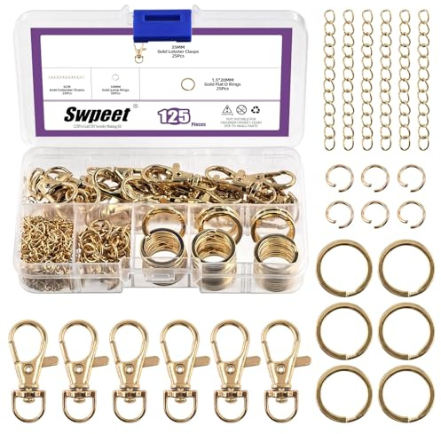 Swpeet 125 st gyllene nyckelringstillverkningssats, 25 st svängbara lanyardkrokar, 25 st nyckelringar, 25 st förlängningskedjor, 50 st öppna hoppringar, svängbara hummerlås, nyckelringsklämmor