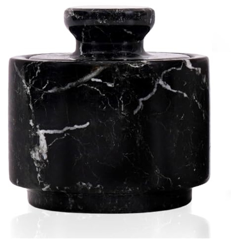MARBLOUS KRAFTS Salero de Mármol con Tapa de 3 Pulgadas Piedra Cebra Negra Contenedor de Sal y Portasales de Piedra para Encimera, Plato de Sal, Tarro de Especias, Caja de Sal y Tarros de Especias,