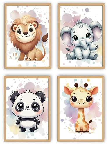 VON STEINEICH® Deko Bilder Set Kinderzimmer – Liebevolle Wandbilder [DIN A4] Perfekte Deko für Jungszimmer, Mädchenzimmer & Babyzimmer im Safari Tiere Design (4er Set ohne Bilderrahmen)