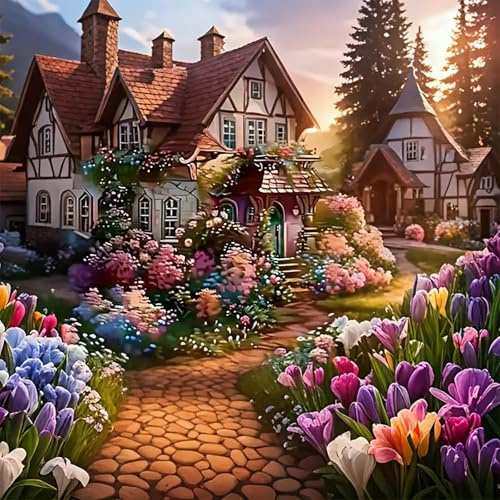 5D Diamond Painting Kit Completo Paesaggio Fiori e Casa, Pittura Diamante per Adulti e Bambini, Kit DIY Punto Croce per Decorazione Murale, Arte Fai da Te, Pittura Diamante Primavera, 30x30 cm