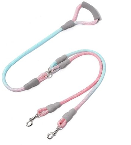 VVMEETYOU Double Dog Leash for Two Dogs， 360° Swivel No Tangle Two Dual Dog Leash with Comfortable Padded Handle for Small Medium and Large Dogs Walking & Training (Blue&Pink, Small)