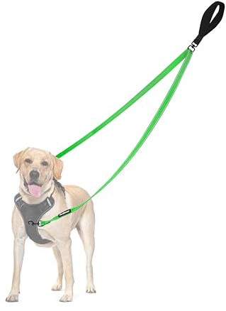 PetBonus Two Point Control Dog Lead, No Tangle Training Walking Leads | Soft Padded Handle, Reflective, Works with No Pull Harnesses, Converts to Single Lead for Medium Large Dogs, Grass Green