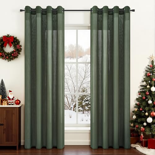 Topfinel Gardiner, transparent, uppsättning av 2 med öljetter, voile-gardiner med vertikalt randigt mönster, modern, transparent, vardagsrum, sovrum, gardiner, 140 x 260 cm, grön