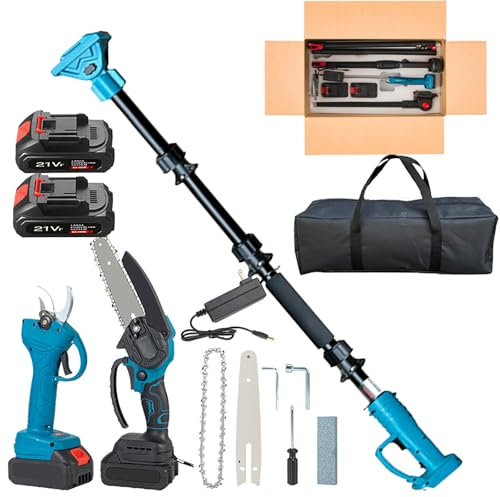 Elaguese sur Perche avec Ciseaux de Taille à Batterie et Tronçonneuse Electriques, 4 en 1 Élagueuse sans fil et élagueuse avec manche télescopique, pour Jardin, Branches (avec perche amovible)
