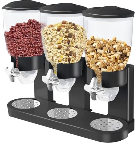 TUAKIMCE Triple Canister Cereal Dispenser - Dry Food Cereal Dispenser for Storage Preserving Dispensing Rice Nuts Granola - Plastic Candy Dispensers for Home and Kitchen-Black