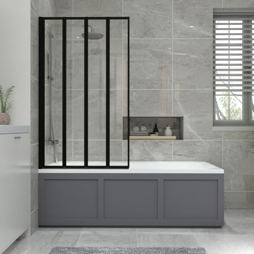 NRG 1700x700mm Acrylic Straight Bath + Black 4 Panel Folding Bath Screen with Front Panel Traditional Matte Grey Bathroom Bathtub