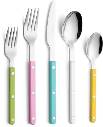ANNOVA Set di posate, posate in acciaio inossidabile colorate in stile retrò/rivettate, coltelli da tavola, forchette, cucchiai, forchette da insalata e cucchiai da dessert (Mix pastello,10 Pezzi)