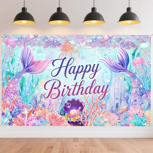 CRAFTYMELODY Mermaid Birthday Banner 72×44 Inch Happy Birthday Banner Purple Fishtail Castle Backdrop Wall Banners Yard Sign Indoor Outdoor with Grommets 3.2 Yard String for Party Decoration Supplies