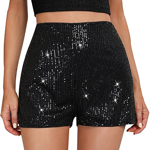 Générique Short à Paillettes Noir Soirée - Taille Haute, Élastique, Droit à Sequins pour Femme, Tenues Tour