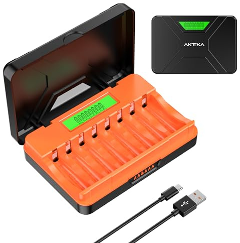 Caricabatterie Pile Ricaricabili AA e AAA Intelligente 8 Slot, Ni-MH Ni-CD Ricaricabili Caricabatterie Batterie con Display LCD(con Cavo USB)