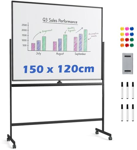 COSTWAY Tableau Blanc Effacable sur Pied 150 x 120 cm, Double Face, Tableau Blanc Roulette, 2 Hauteurs Réglables, Cadre en Métal, 10 Aimants, Whiteboard Magnetique pour École Bureau Maison(Noir)