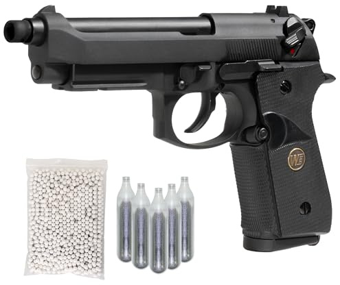 M92 pistola softair CO2 bundle 5 bombolette, 1000 pallini 6mm, full-metal scarrellante, hop up regolabile, caricatore metallo 21 colpi, slitta 20mm, POTENZA 0,9 JOULE (BUNDLE COMPLETO)