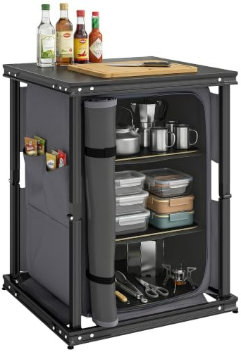 Outsunny Camping Cupboards Folding Portable Camping Kitchen Table Black | 3-Tier Storage, Side Pockets, Adjustable Legs, Kitchen Unit, Picnic, BBQ, Outdoor Activities