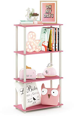 Furinno TURN-N-TUBE Storage Shelves, 4-Tier Toolless Book Shelf, Corner Shelf, Toolless Open Shelves, for Organization and Storage, Living Room, Garage, Home Office, Pink