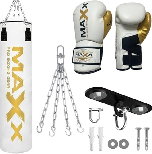 Maxx White And Gold 3ft 4ft 5ft 6ft Filled Hanging Boxing Punch Bag Set Heavy Punching bag