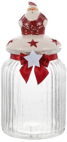 Luxshiny Christmas Cookie Jar Glass Candy Jar with Santa Claus Lid and Bow Storage Container Cookie Canister for House Decoration Red L