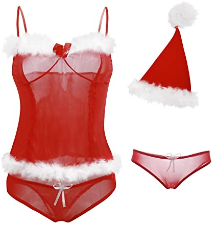 HOTSO Mujer Navidad Conjuntos de Lencería de Fiesta Navidad Sexy Bikini de Ropa Interior Chrismas Semi Transparente Disfraz de Papá Noel Sujetador con Plumaje+Tangas+Gorro Santa