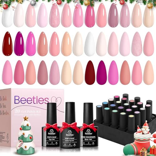 Beetles Gel Nagellack Set 23 Stück 20 Farben Nagelset Kollektion Nude Rosa Weiß Neutral UV Nagellack Set Maniküre mit 3 Stück Matt Glänzend Top Coat und Base für Liebhaber