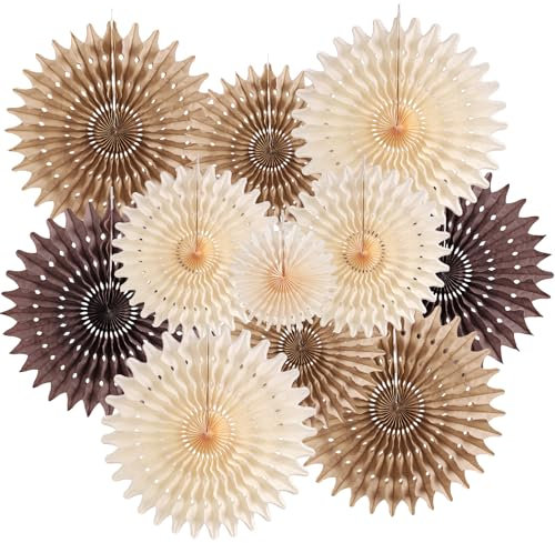 SUNBEAUTY 11 Stück Herbst Party Dekorationen Beige Papier Fächer Neutral Rustikale Boho Hängende Party Braun Milchgelb Elfenbeinweiß Papierfächer für Geburtstag Hochzeit Baby Shower Party Tischdeko