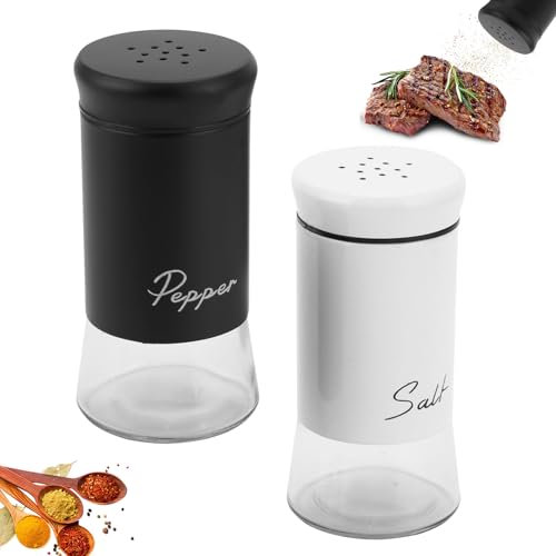 AIWMQYYF 2 Pack Salt and Pepper Shakers Set, Salt Shaker with Glass Base, Pepper Shakers with Stainless Steel Lid for Kitchen, Barbecue, Cooking
