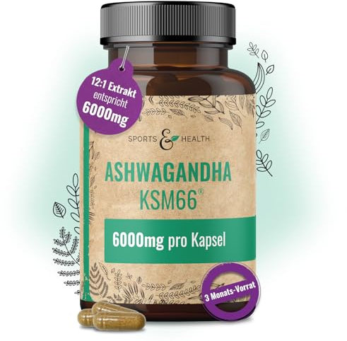 Ashwagandha KSM-66 Kapseln - Ultra Hochdosiert 6000mg pro Kapsel – Reines Extrakt ohne Zusätze – 100 Ashwagandha Kapseln – KSM66 Withanolide