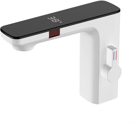 Touchless Sensor Basin Faucet with Digital Temperature Display Automatic Infrared Bathroom Tap (White)