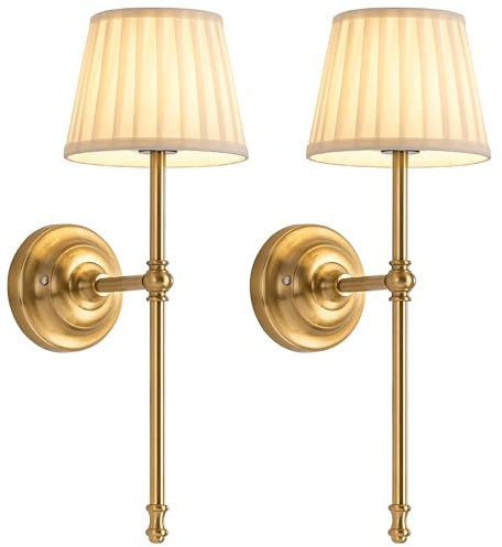 NEWSEE Battery Operated Wall Lights Set of 2, Cordless LED Fabric Wall Sconces, 5200mAh Rechargeable, Dimmable with Touch & Remote Control, Wireless Lamp for Hallway, Bedroom Living Room (Gold)