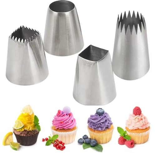 Xanewza Set di 4 Grandi Beccucci in Acciaio Inox (F06, F02, R22L, 9FT) Grande Bocchette Quadrato Circolare Decorative per Pasticceria, Compatibili con le Tasche per Gusci di Pasta (4PCS Beccucci)