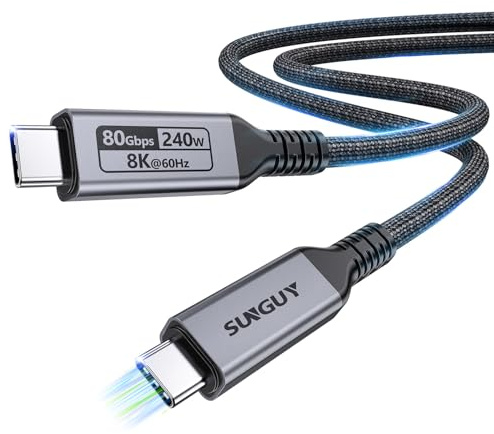 SUNGUY 240W USB C Cable USB4 Gen4 80Gbps for Thunderbolt 5/4/3, Dual 8K Triple 4K Display PD3.1 Fast Charging,USB-IF Certified, for USBC Monitors,MacBook,iPad,iPhone 17/16/15,Mac Studio,3.3FT