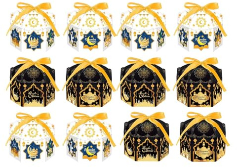 12er Set Süßigkeitenboxen - Sechseckige Keksdosen Im Hausdesign | Gold Schwarz Party Deko Boxen | 17,5cm Festliche Geschenkboxen Für, Cupcakes, Gebäck, Zuckerwatte, Ideal Fest, Part