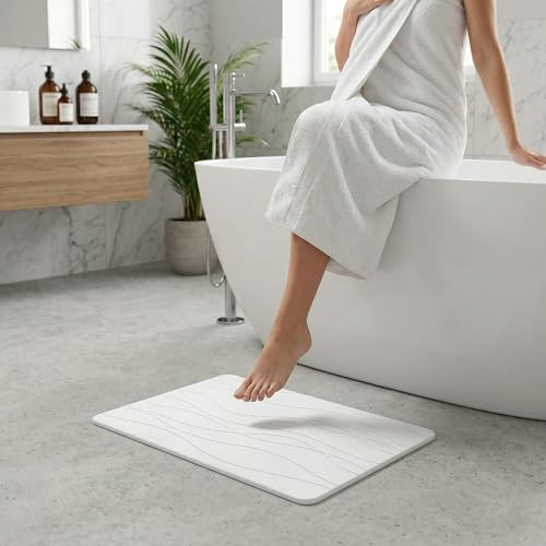 NK Alfombra Diatomita Baño 60 x 40 cm - Alfombrilla de Piedra Super Absorbente, Secado Rápido y Antideslizante para Ducha, Stone Bath Mat (Blanco)