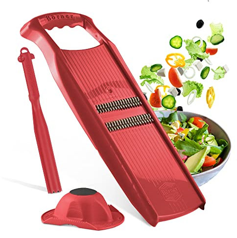 Börner Roko PowerLine Gemüseschneider Geschenk-Set (3-tlg.) • Feiner Streifenschneider für Obst & Gemüse + Fruchthalter + Kombischäler • Gemüsehobel • Küchenhobel Set • Farbe: Rot