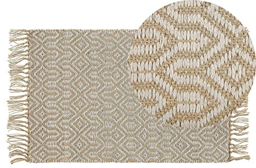 Beliani Alfombra de Pasillo Beige algodón Yute con Flecos 50 x 80 cm Tejida a Mano Boho Pasillo Dormitorio Pozanti