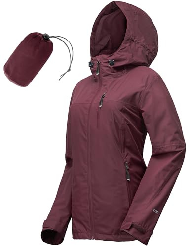 33,000ft Regenjacke Damen Wasserdicht Outdoorjacke Atmungsaktiv Herbst Übergangsjacke Leichte Jacke mit Kapuze Windbreaker zum Wandern Reisen Treking Fahrrad (Weinrot 46)
