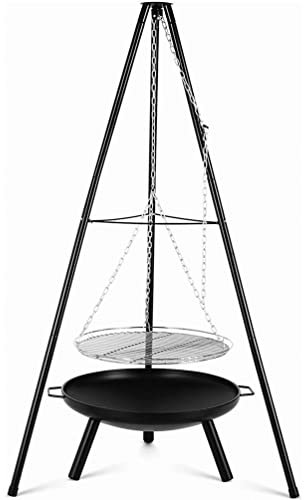 Angyu Barbacoa portátil con tres patas, desmontable, parrilla de carbón vegetal, multifunción, con cadena ajustable en altura (negro, 86 x 86 x 152 cm)