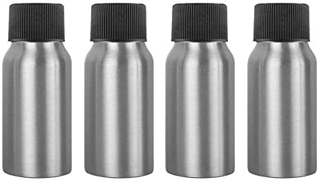 ZEOABSY 4 Piezas Vacías 50 ml Botella de Aluminio Plata con Tapón Rosca de Plástico Negro Envase Cosmético Metálico para Champú, Loción Gel Aceite Esencial Hoteles Viaje