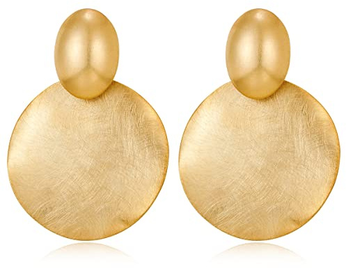 FAMARINE Big Disc Drop Dangle Earrings Statement Brushed Round Hammered Women Earrings Fashion Jewelry, Matte 14K Gold Plated Brass