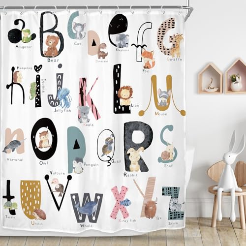 Kids ABC Learning Alphabet Educational Study Bathroom Shower Curtain Set