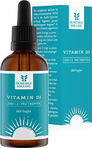 ÖLMÜHLE SOLLING - Vitamin D3 Öl | Vitamin D3 Gehalt mit 1.000 I.E. pro Tropfen. Nahrungsergänzungsmittel mit Vitamin D3. Einfach dosierbarbares Vitamin D3 Öl mit Glas-Pipette | Inhalt: 50 ml