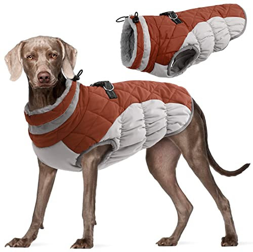 Kuoser Hundejacke Hundemantel für Große Hunde Winterweste Wasserdicht Hunde Wintermantel Jacke Winter Hunde Mantel Mit Geschirr Warme Winterjacke Hundepullover Haustier Skifahren Kostüm Braun, XL