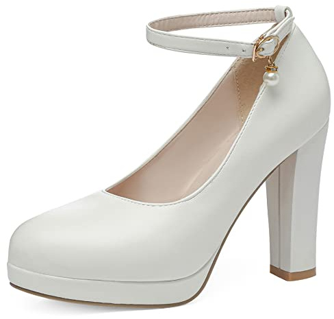 Décolleté con Tacco Largo da Donna, Pompe al Tallone Alto Punta Rotonda Fibbia Scarpe da Sera con Plateau con Cinturino alla Caviglia Semplici Aycdhr Bianco Numero 43 EU